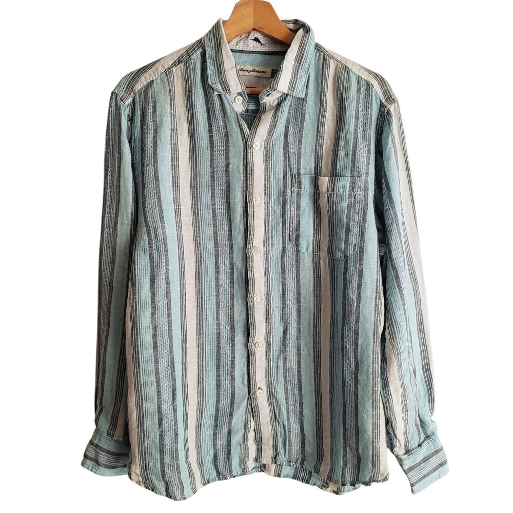 Tommy Bahama 100% Linen Striped Shirt Blue White Relaxed Fit Button-Up Shirt - Picture 11 of 11